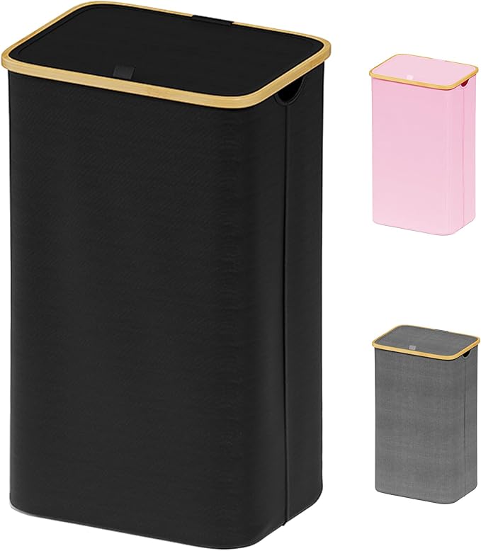 SUOCO Laundry Basket with Lid, 29 Gal (110L) Clothes Hamper with Bamboo Handles, Large Foldable Laundry Hamper for Bedroom, Bathroom, Dorm, Laundry Room - Black