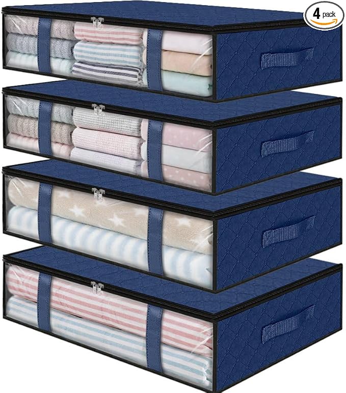 StorageRight Under Bed Storage Bins, 4-Pack 40L Foldable Fabric Storage Bags with Transparent Window, Breathable Organizer for Clothes/Blanket/Comforter/Quilt, Blue