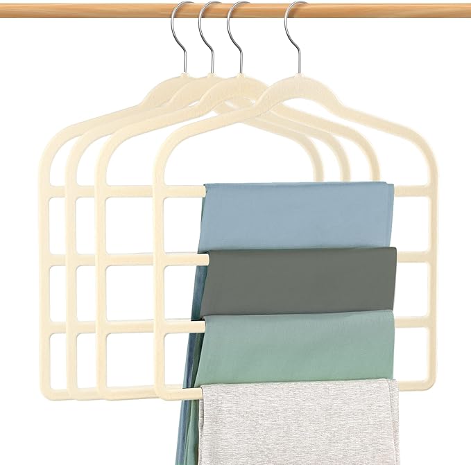 Velvet Hangers Space Saving Non Slip Pant Velvet Hangers, DUDUCOFU 4 Pack Beige Multi Layer Clothes Hangers Closet Organizer for Pants Trousers Scarf