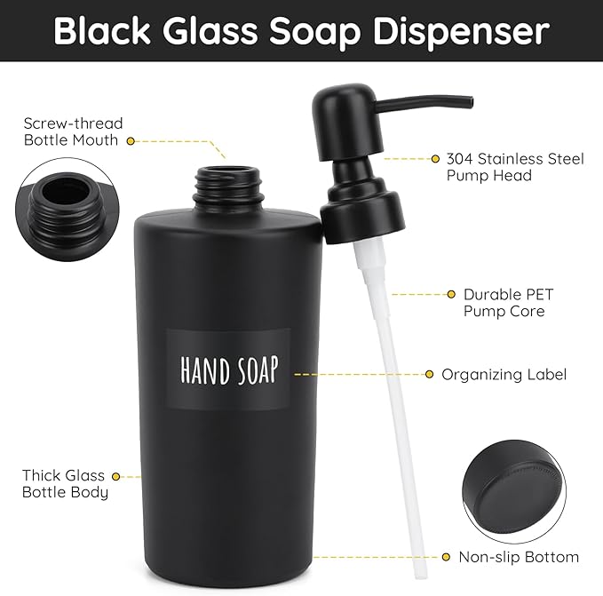 Segbeauty Glass Soap Dispenser Set, 2pcs 15.2oz Refillable Bathroom & Kitchen Dispensers, 450ml Black with Pump & Labels