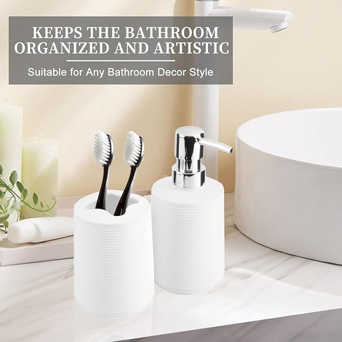 Bathroom Accessories Set 2 Piece, Matte White Bathroom Accessories with Soap Dispenser and Toothbrush Holder, Striped Pattern Bathroom Set for Modern Bathroom Decor