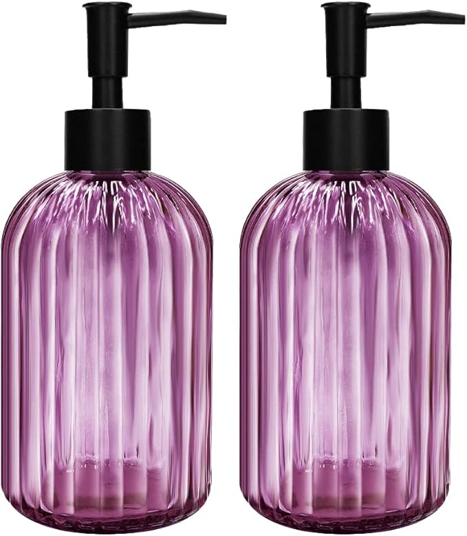 Pack of 2 Glass Soap Dispenser with Black Pump, 400 ml Refillable Pump Dispenser for Kitchen, Bathroom, Laundry Room, Liquid Glass Bottle for Washing Up Liquid, Shampoo, Conditioner (Purple)