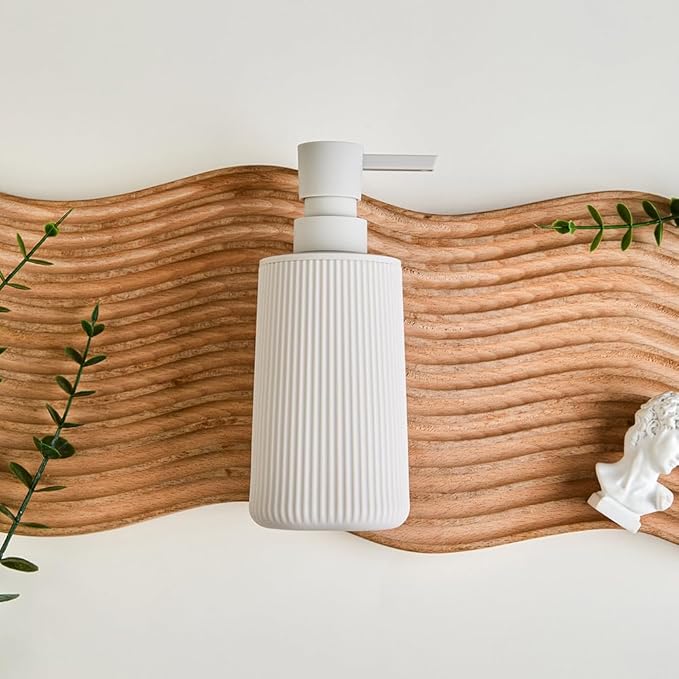 Small Soap Dispenser for Bathroom and Kitchen, Modern Farmhouse Striped Style Plastic Hand Soap Dish Soap Dispenser with Pump Matte Beige