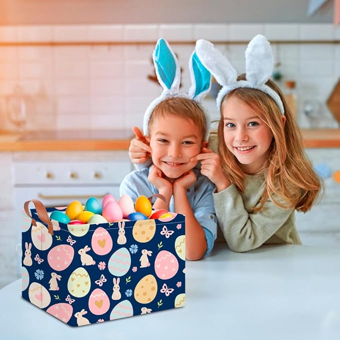 CLOCOR Rectangular Blue Easter Basket Empty,Easter Gift Basket for Kids,Waterproof Storage Basket with Handles,Easter Bakset for Egg Hunting(Blue Easter Basket)