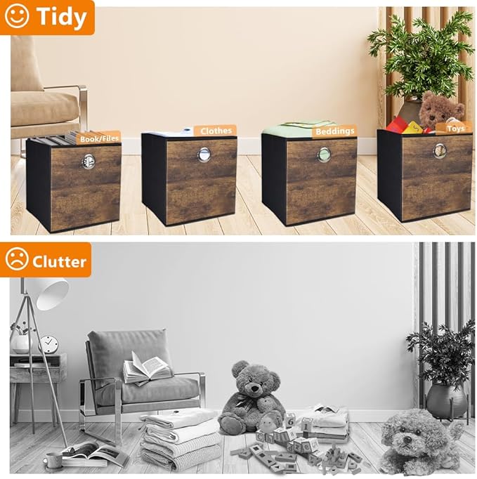 4 Pack Durable Storage Cube Bins with Wood Grain,Thickened Fabric Box,Storage Baskets for Open Shelf,Bookcase,Closet,Storeroom,Bedroom,Living Room,Nursery,Office,Dorm, 10.2x10.2x11in (Small)