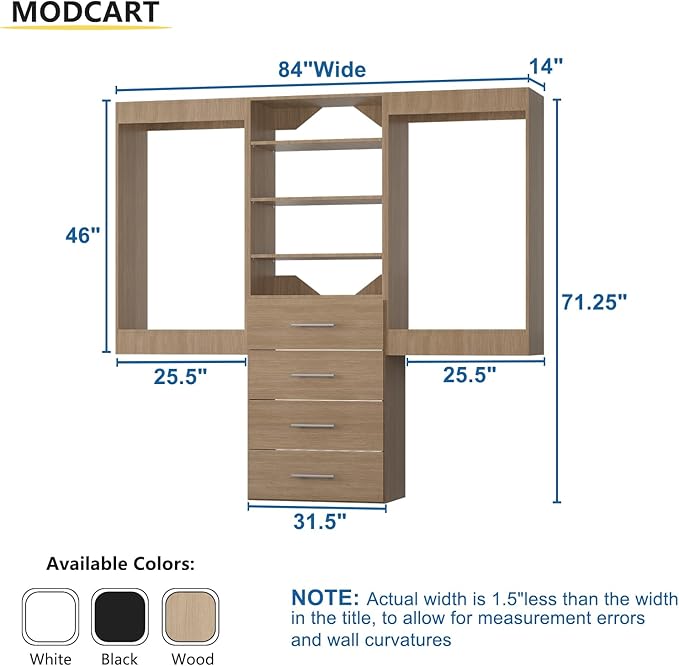 Modular Closet, 84" Wide Organizer with Hanging & Drawers, Wood Tower Storage for Walk In Closets, Wall Mounted Wardrobe Organizer Kit