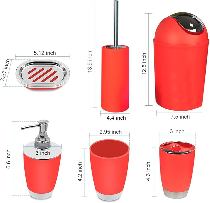 Bathroom Accessories Set, 6-Piece Plastic Gift Set, Toothbrush Holder, Toothbrush Cup, Soap Dispenser, Soap Dish, Toilet Brush Holder, Trash Can (RED)