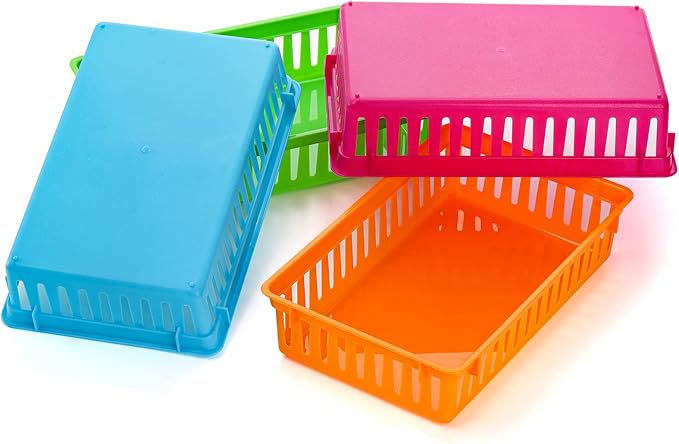 DEAYOU 16 Pack Classroom Storage Baskets Bins, Small Plastic Organizer Basket, Colorful Storage Trays, Crayon Pencil Containers for Paper, Desk, Shelf, Home School Office, 10.2" L x 6.5" W x 2.4" H