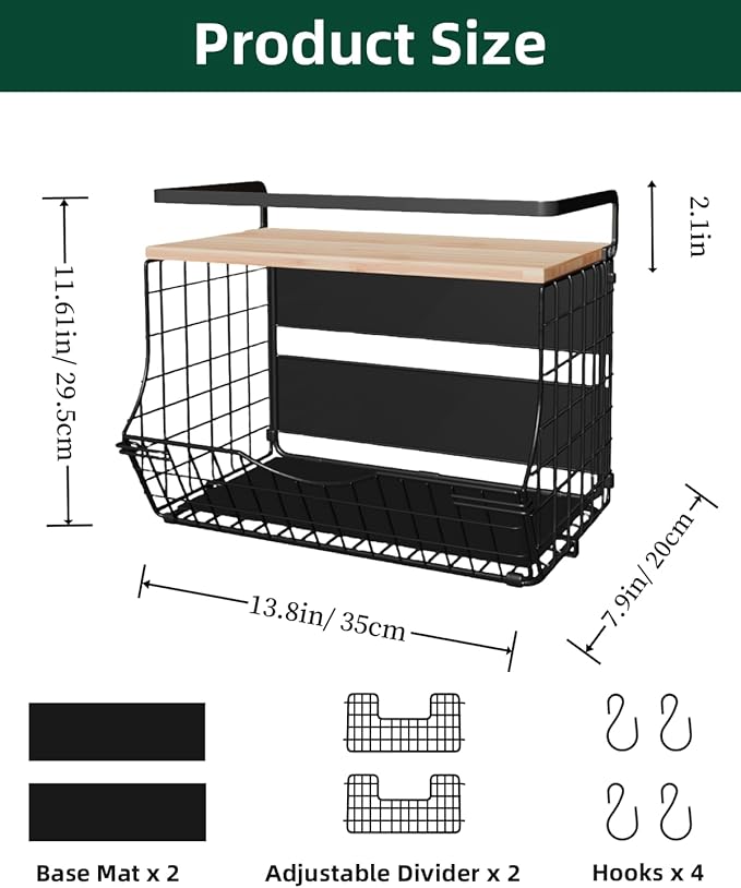 Magnetic Shelf for Fridge with Wood Lid, Fruit Potato and Onion Storage Bins, Kitchen Large Container Magnetic Spice Rack for Refrigerator, Kitchen Counter, Tools, Snack (BLACK, 2 Pack)