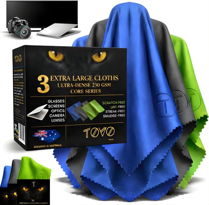 Extra Large Microfiber Screen Cleaning Cloths | 3 Packs | 12"x12", 230 GSM | Australian Designed | Eyeglass, Glasses, Camera, Screen, TV, Laptop & Headset Cleaning Cloths | Core Series