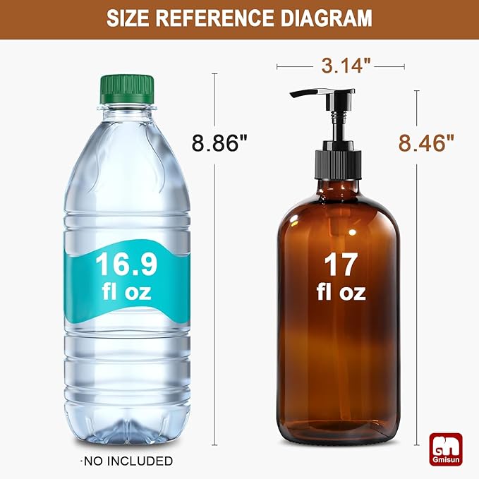GMISUN Amber Glass Soap Dispenser, 2 Pack Bathroom Hand Soap Dispensers with Plastic Pump, 17 Fl Oz Kitchen Hand and Dish Soap Dispenser Set, Modern Vintage Liquid Brown Soap Dispensers Bottle