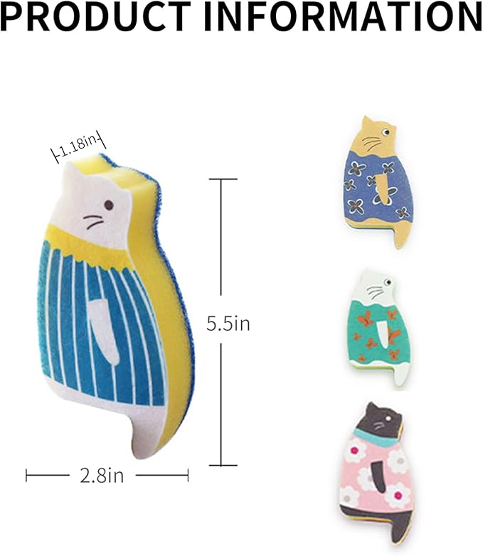 Kitchen Sponges Reusable, Dish Sponge for Washing Dishes, Compostable Sponges for Cleaning Dishwashing, Natural Wood Pulp Scouring Pad, Household Cellulose Scrub Sponge Heavy Duty,3pack (cat sponge-5)