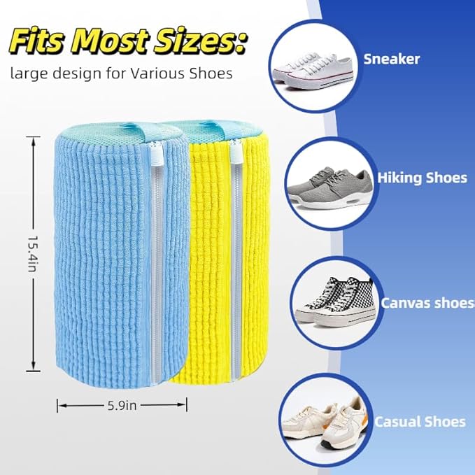 Shoe Washing Machine Bag, 4-Pack Reusable Laundry Shoe Bags for Washer & Dryer, 360° Deep Cleaning Mesh Bags with Self-Locking Zipper for All Shoes Types Including Sneakers (2 Blue & 2 Yellow)