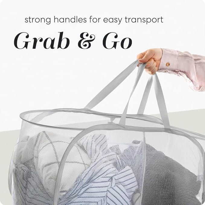 Foldable Laundry Basket - Popup and Collapsible, Durable Mesh Material, Folds for Storage, Easy Carry Handles - Great Hamper for College Dorm, Laundry Room or Travel (Grey, 2-Compartments)