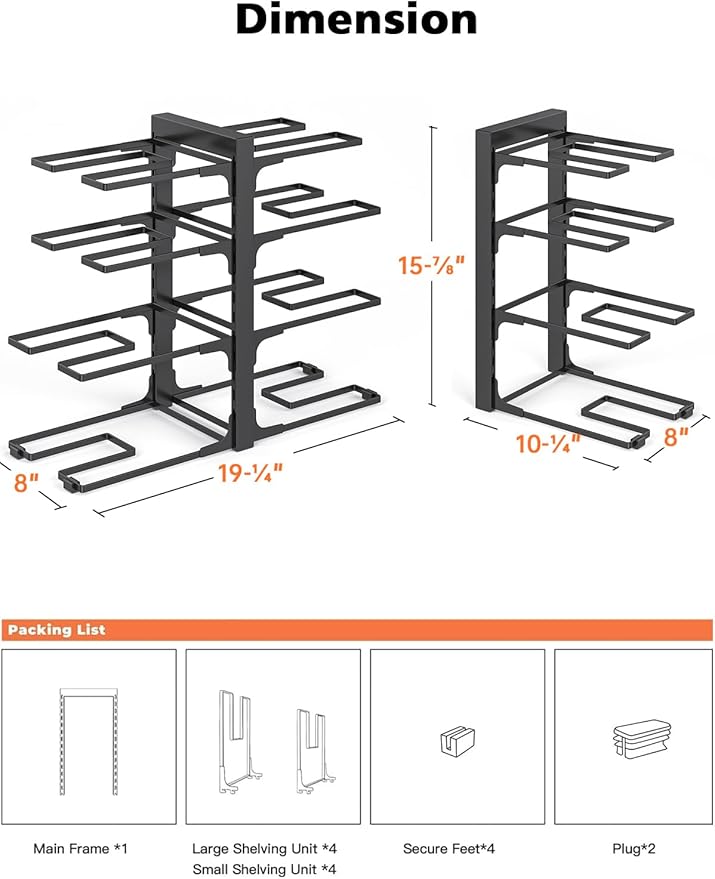 MUDEELA 8-Tier Pots and Pans Organizer under Cabinet, 15.83" Height Heavy Duty Pot Pan Organizer Kitchen Cabinet Organization and Storage, Adjustable Pot Rack for Frying Pan, Cast Iron Skillet, Black