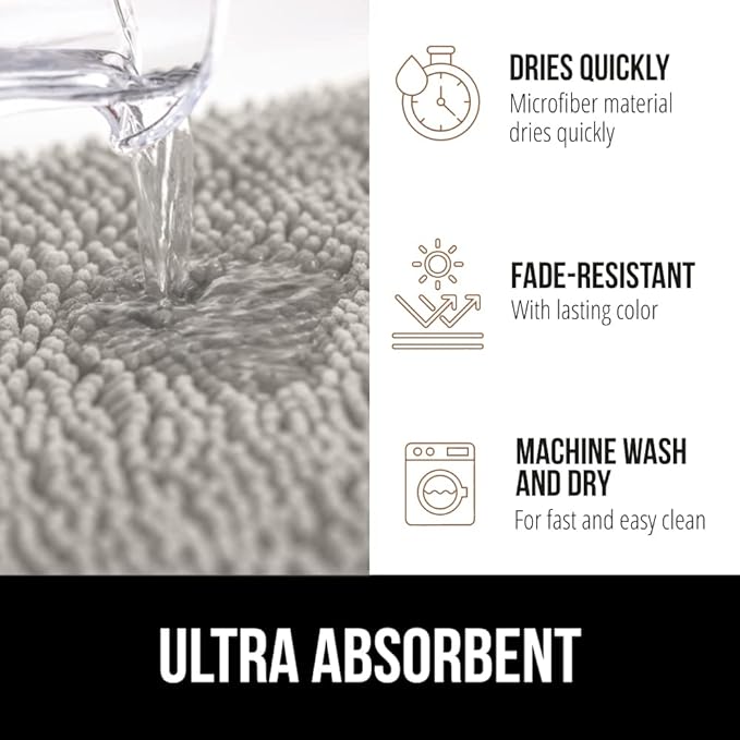 GORILLA GRIP Bath Rug Mat 60x24, Soft Absorbent Chenille, Quick Dry Microfiber Mats, Rubber Backing Washable Shower Floor Rugs, Bathmat Runner, US Designed Bathroom Home Decor Accessories Light Gray