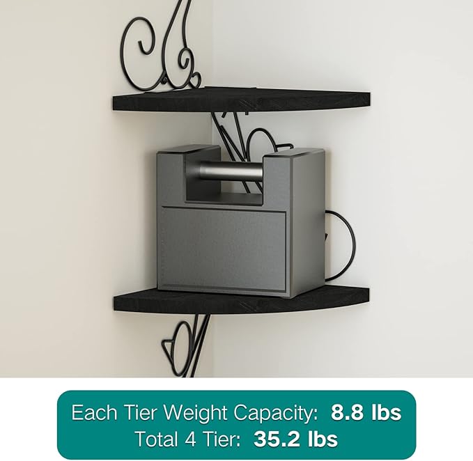 Alsonerbay Corner Shelves - Wall Mounted Floating Wood Shelf, 4 Tier Rustic Storage Shelf, Cat Shaped Shelving for Wall, Solid Wooden Decor for Living Room, Bedroom, Kitchen (Black)