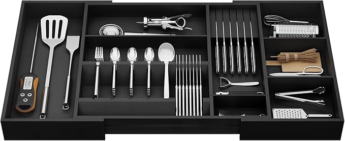 Bamboo Silverware Drawer Organizer, 17.7-29.5 Inch Expandable Large Kitchen Drawer Organizer, 5-8 Slot Flatware with Removable Card Slots & Knife Block for Spoon Butter Knive, Black