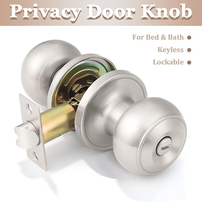 Probrico 5 Pack Round Privacy Door Knob(Thumb Turn Lock on The Inside), Keyless Doorknobs Interior/Exterior Lockset,Privacy Knobs for Bedroom/Bathroom,Satin Nickel Modern Design Door Hardware