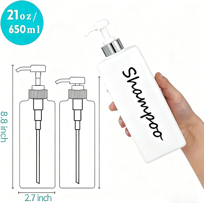21oz Shampoo and Conditioner Dispenser (Set of 3) Modern Refillable Shampoo Pump Bottles for Shower Soap - Empty Shampoo Conditioner Body Wash Dispenser Set - Stylish Permanent Labels - for Bathroom