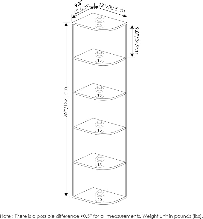Furinno PASIR Book Shelf, 5-Tier Corner Bookshelf, Open Shelves Bookcase 9.3 x 12 x 51.7, for Living Room, Bedroom, Home Office, Blackwood