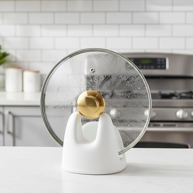 Nihow Pot Lid Holder: Stable Ceramic Pan Lid Holder for Kitchen Counter Decor/Counter top/Stove Top- Heat Resistant & Dishwasher Safe - Matte White(1 PC)