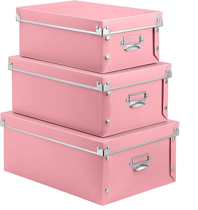 SEEKIND Storage Box, Decorative Storage Bins with Lid,3 in 1 Set,Plastic,with Handles,Press-Stud Fastening,Moisture-proof,Foldable for Space Saving Storage,for Clothes,Cosmetic,Blankets (Pink) … …
