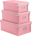 SEEKIND Storage Box, Decorative Storage Bins with Lid,3 in 1 Set,Plastic,with Handles,Press-Stud Fastening,Moisture-proof,Foldable for Space Saving Storage,for Clothes,Cosmetic,Blankets (Pink) … …