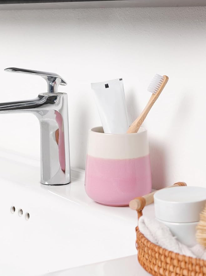 INGOFIN Ceramic Toothbrush Holder Cup, 12 oz Toothpaste Holder for Bathroom Vanity and Countertop, Organizer for Cosmetic, Makeup, Office Pencils, for Hotel Apartment, Beige and Pink