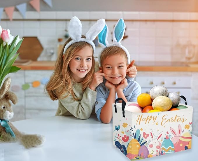 Rectangular Easter Baskets, Kids Easter Storage Bins Organizer.Cute Storage Basket with Handles.Boys and Girls,Easter Bunny Eggs Decor,Toys,Books,Easter Gifts (Easter Eggs)