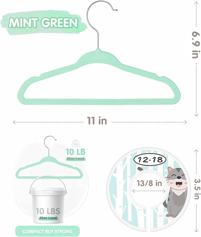 VIS'V Baby Hangers, 11 Inch Velvet Kids Hangers with 6 Pcs Clothes Size Dividers, Infant Toddler Nursery Closet Organization, Non Slip, Mint Green, 30 Pcs