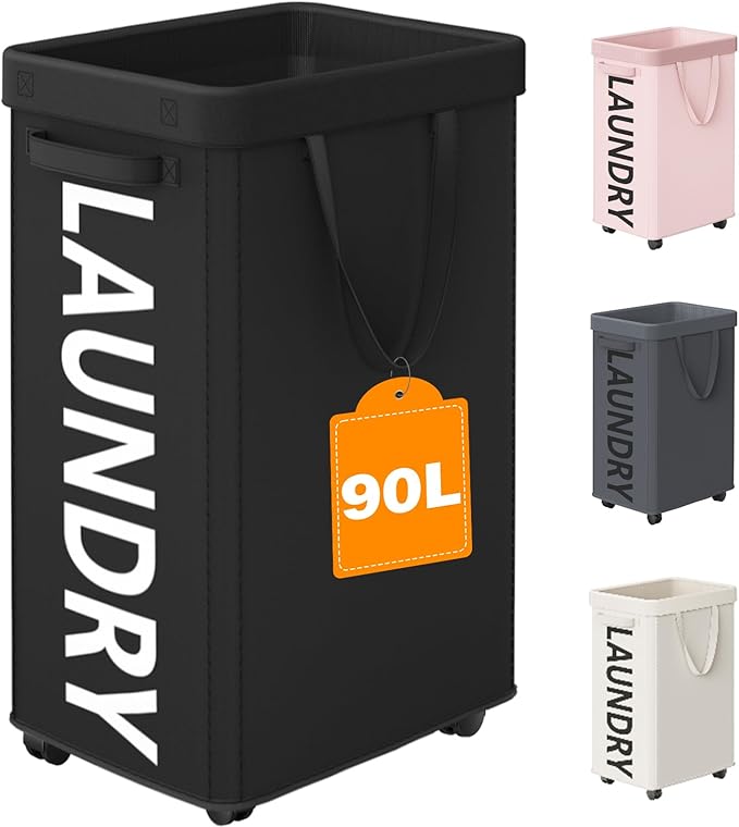 Laundry Basket with Wheels, 90L Rolling Laundry Hamper with Wheels, Large Clothes Hamper on Wheel with Removable Mesh Bag for Bedroom, Dorm Room Essentials, Black