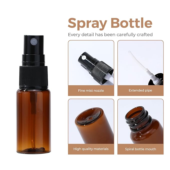 longway 15 PCS Spray Bottles, 0.5oz/15ml Amber Empty Fine Mist Spray Bottle Dispenser with Cap, Small Refillable Liquid Containers with 1pcs Funnel and 18pcs Labels