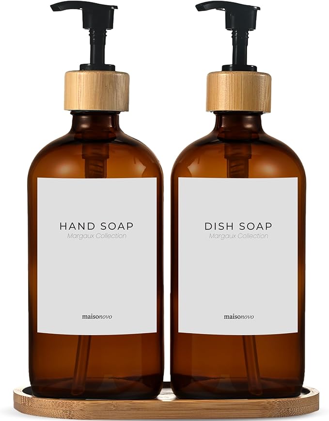 MaisoNovo Glass Dish Soap Dispenser for Kitchen Set of 2-16.9oz Amber Dish and Hand Soap Dispenser Set for Kitchen - Amber Glass Bottles x 2 with Black Bamboo Pumps & Tray