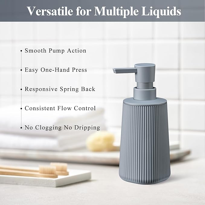 Gray Hand Soap Dispenser with No Rust Pump for Bathroom and Kitchen Countertops Refillable Striped Matte Plastic 8.5 oz