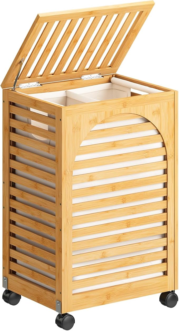 Laundry Hamper with Wheels, Laundry Basket with Lid, 22.5Gallon (85L) Bamboo Wood Clothes Laundry Hamper 2 Section with Handles, Removable Liner