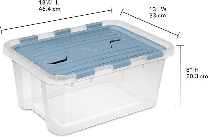 Sterilite 12 Pack Hinged Lid Storage Box, 20 Qt Plastic Container, Washed Blue - Home Organizer Tote for Storing Shoes, Crafts, Clothing, or Decor