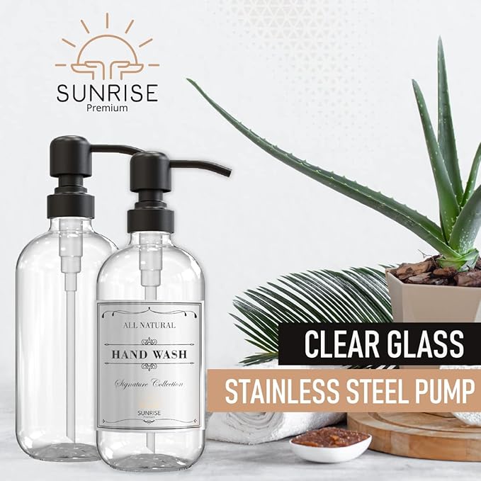 2 Pack Clear Glass Soap Dispenser 16 OZ with Matte Black Stainless Steel Pump, Hand and Dish Soap Dispenser Set for Bathroom and Kitchen Sink with 6 Waterproof Labels