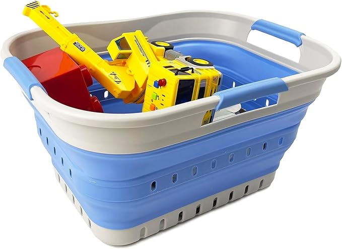 SAMMART Collapsible Plastic Rectangular Laundry Basket - Foldable Pop Up Storage Container/Organizer - Portable Laundry Hamper - Space Saving (Grey/Little Boy Blue, 19L)