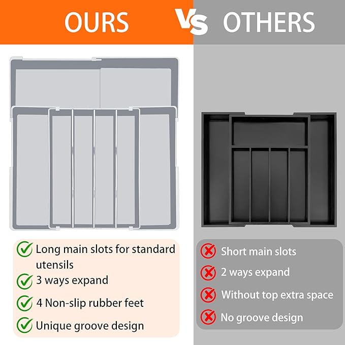 Large Kitchen Silverware Organizer - Expandable 17.2" x 17.9" Adjustable Drawer Tray, 4-7 Compartments for Maximum Storage, BPA-Free, Grey