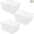 3 Pack Freezer White Wire Baskets for Organizing Office Wire Storage Basket with Built-in Handles, 14" Large White Metal Baskets for Pantry Freezer Kitchen Cabinets