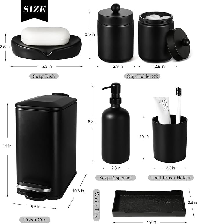 Black Bathroom Accessories Set, 7 Pcs Matte Black Bathroom Accessory Set with Trash Can, Soap Dispenser, Toothbrush Holder, Soap Dish, Vanity Tray, Qtip Holder, Modern Bathroom Sets Complete Decor