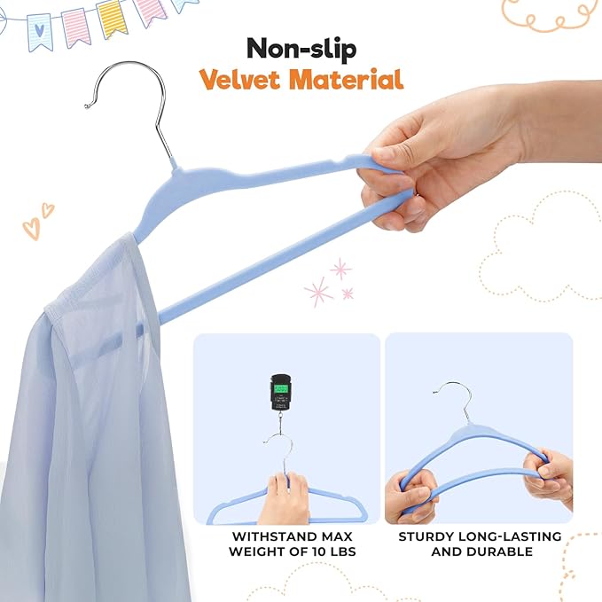 Velvet Baby Hangers with Clips (30 Pack) | 11” Ultra-Slim Baby Clothes Hangers | Non-Slip Felt | Space-Saving Nursery & Infant Closet Organizer | Blue