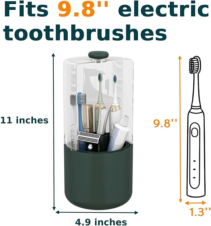 YOOLENS Toothbrush Holder with Cover 360 Rotating 4 Compartments Bathroom Toothpaste Electric Toothbrush Organizer, Dark Green