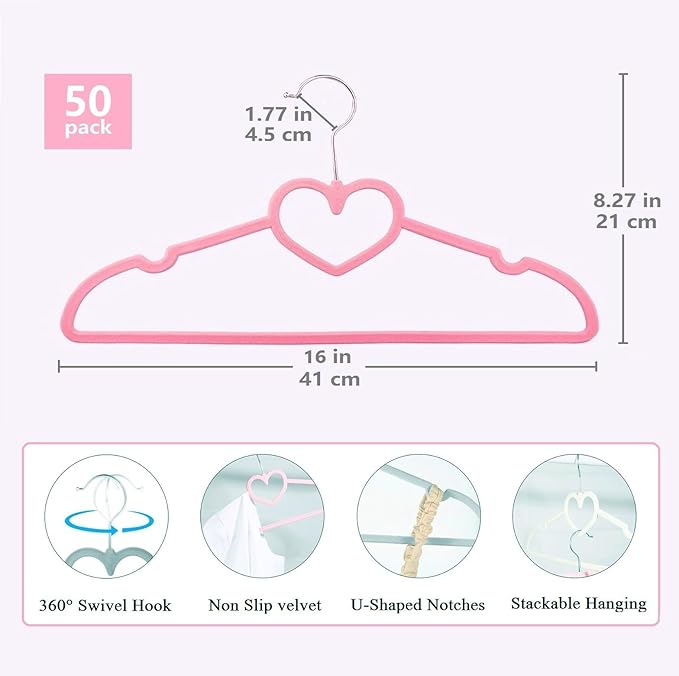 Pink Velvet Hangers 50 Pack, 16" Non Slip Adult Hangers, Slim Clothes Hanger with 360 Degree Swivel Hook - Durable & Cute