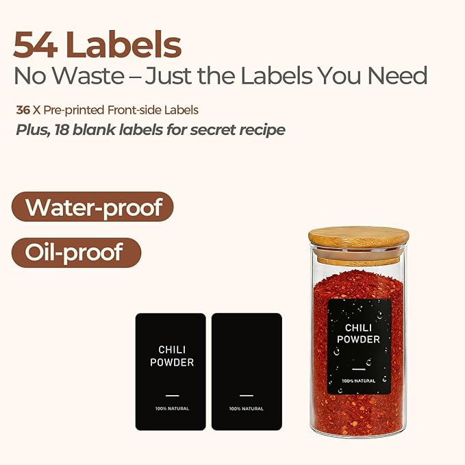 ComSaf Spice Jars with Label 4oz 16 Pack, Glass Spice Jars with Bamboo Lid, Small Seasoning Containers with 54 Black Labels, Stackable for Kitchen, Pantry Organization, Loose Tea, Herbs, Powders, Salt