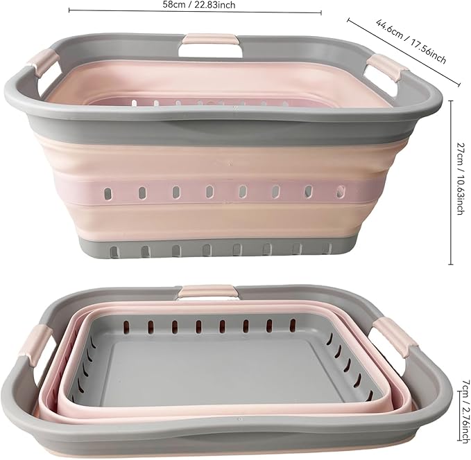 SAMMART 42 (11 Gallons) Collapsible Plastic Laundry Basket, Foldable Pop Up Storage Container/Organizer, Space Saving Hamper, Portable Bin for Dorm Room Bathroom (2, Grey/Pink)