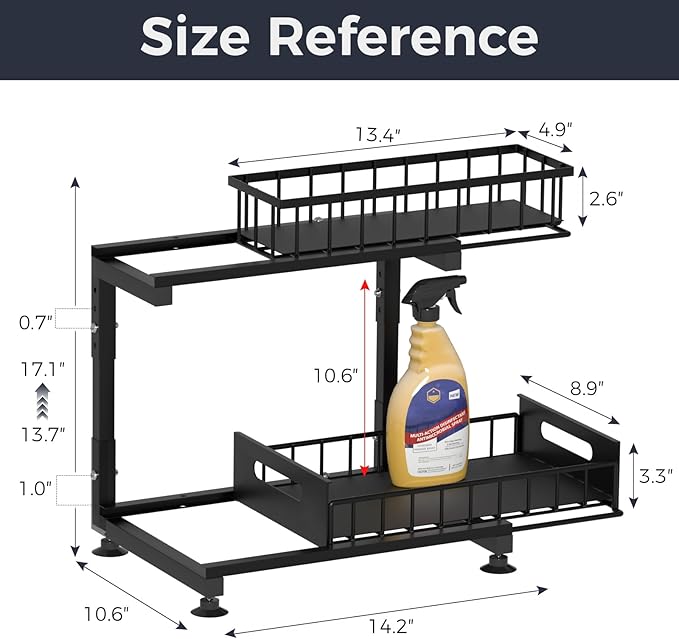 Under Sink Organizer, 2-Tier Premium Metal Pull-Out Racks with Adjustable Height, Heavy Duty Sliding Bin for Bathroom and Kitchen Cabinet Storage, Rust Resistant 2 Pack Black