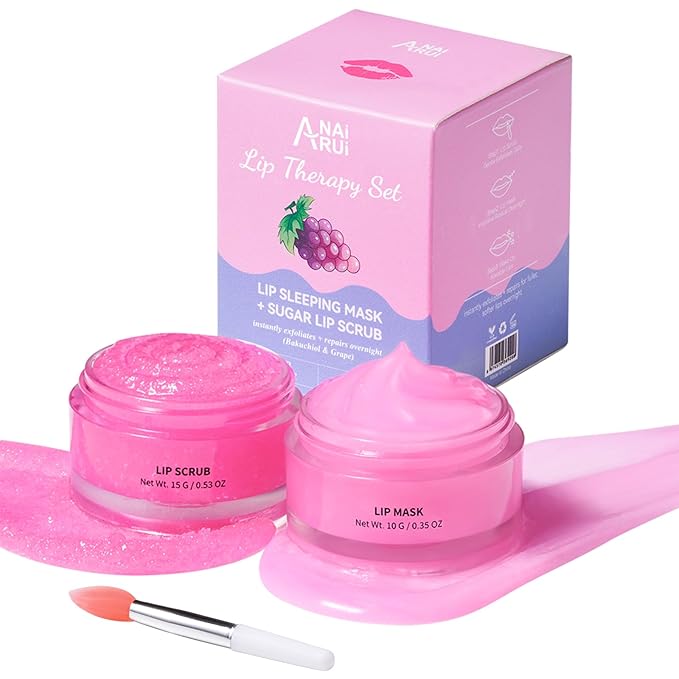 ANAI RUI Lip Therapy Set, Lip Scrub & Lip Mask, Overnight Hydrating Lip Moisturizer with Exfoliator Scrub, Lip Sleeping Mask for Plumping, Lip Gift Kit for Dry, Chapped, Dark Lips, Grape