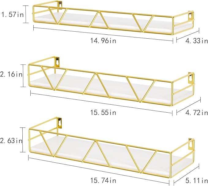 Floating Shelves Set of 3, Home Wood Wall Shelf, Farmhouse Shelf for Bedroom, Wall Mounted Floating Shelf for Living Room, Bedroom, Bathroom, Kitchen, Office (Gold)